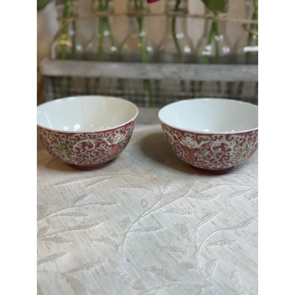 Vintage Pink Mun Shou Longevity Rice Bowls, 4.5